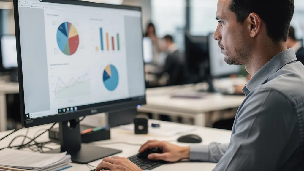 Commercial consultant ses résultats sur écran, expression pensive