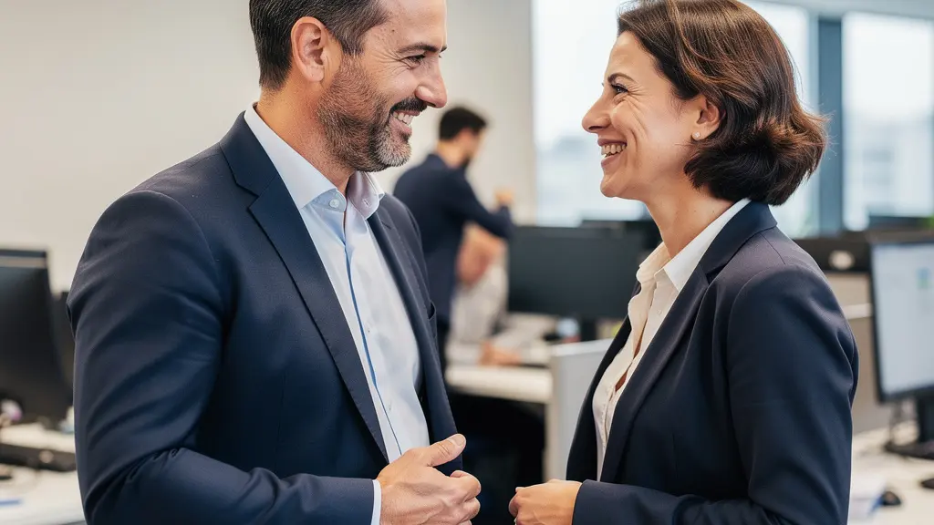 Manager félicitant un commercial dans un open space moderne