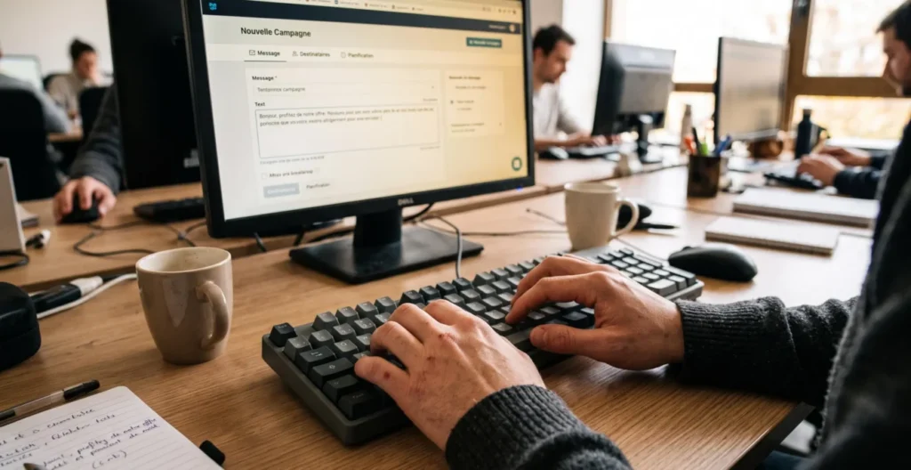 Mains professionnelles tapant un message SMS marketing sur clavier lors de la création d'une campagne via interface de plateforme SMS