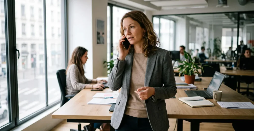 Professionnelle en conversation téléphonique avec le support client d'une plateforme SMS dans son bureau français