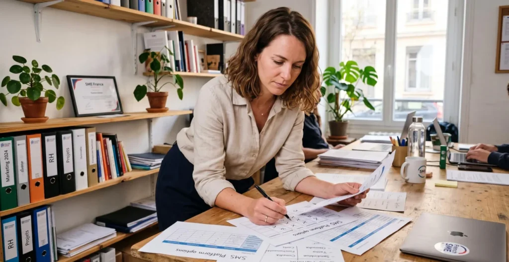 Responsable marketing comparant différentes offres de plateformes SMS à son bureau dans une PME française